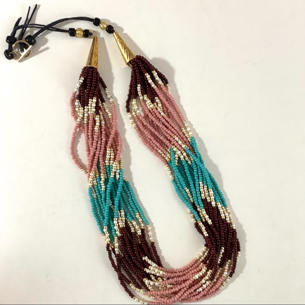 Handmade beaded pink, turquoise, brown multistrand boho  necklace